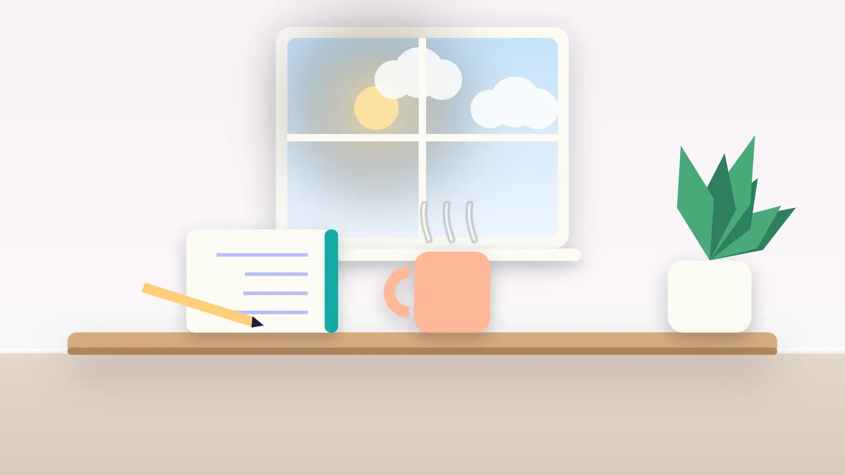 Illustration of a sunlit window above a desk with a large plant, a mug and a journal