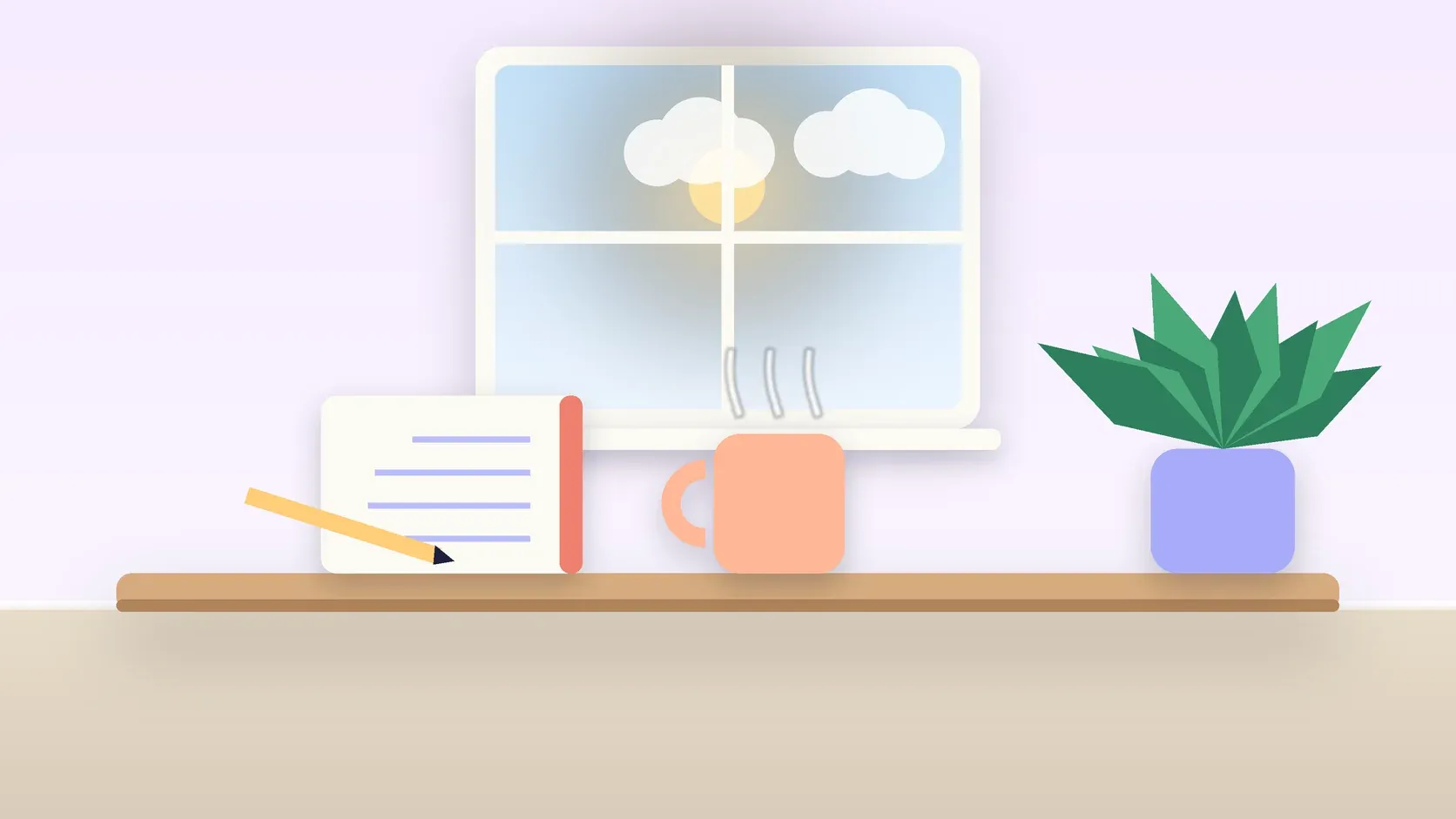 Illustration of a sunlit window above a desk with a large plant, a mug and a journal