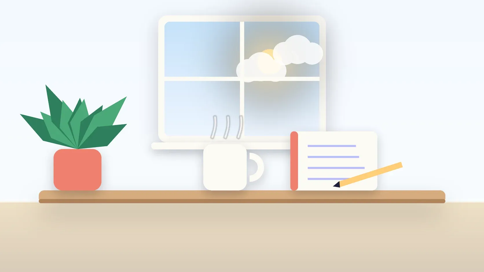 Illustration of a sunlit window above a desk with a large plant, a mug and a journal