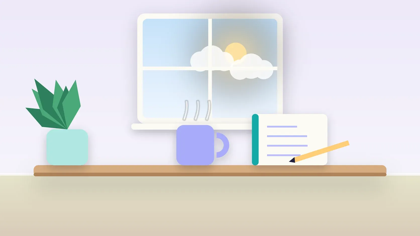 Illustration of a sunlit window above a desk with a large plant, a mug and a journal