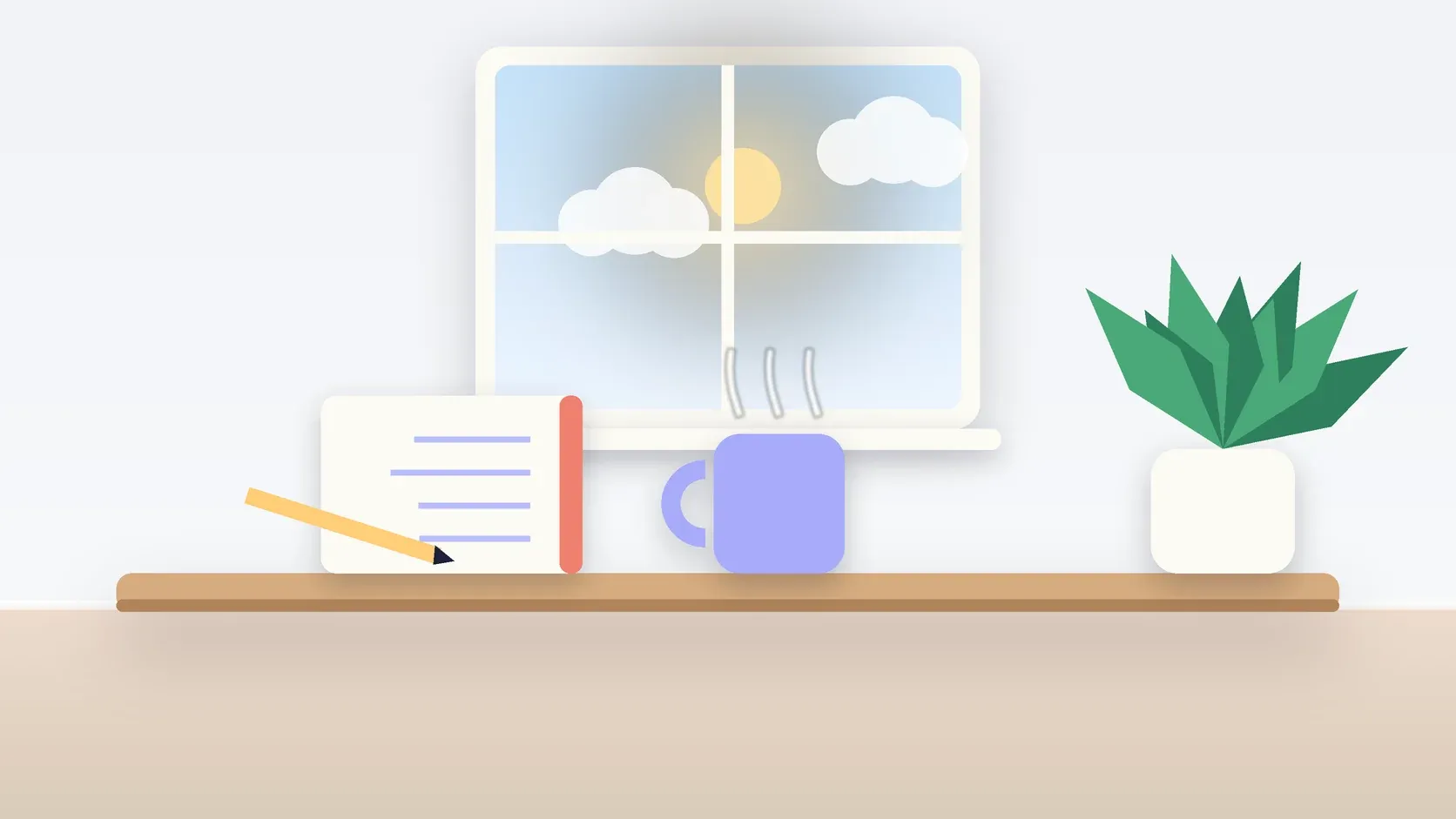 Illustration of a sunlit window above a desk with a large plant, a mug and a journal