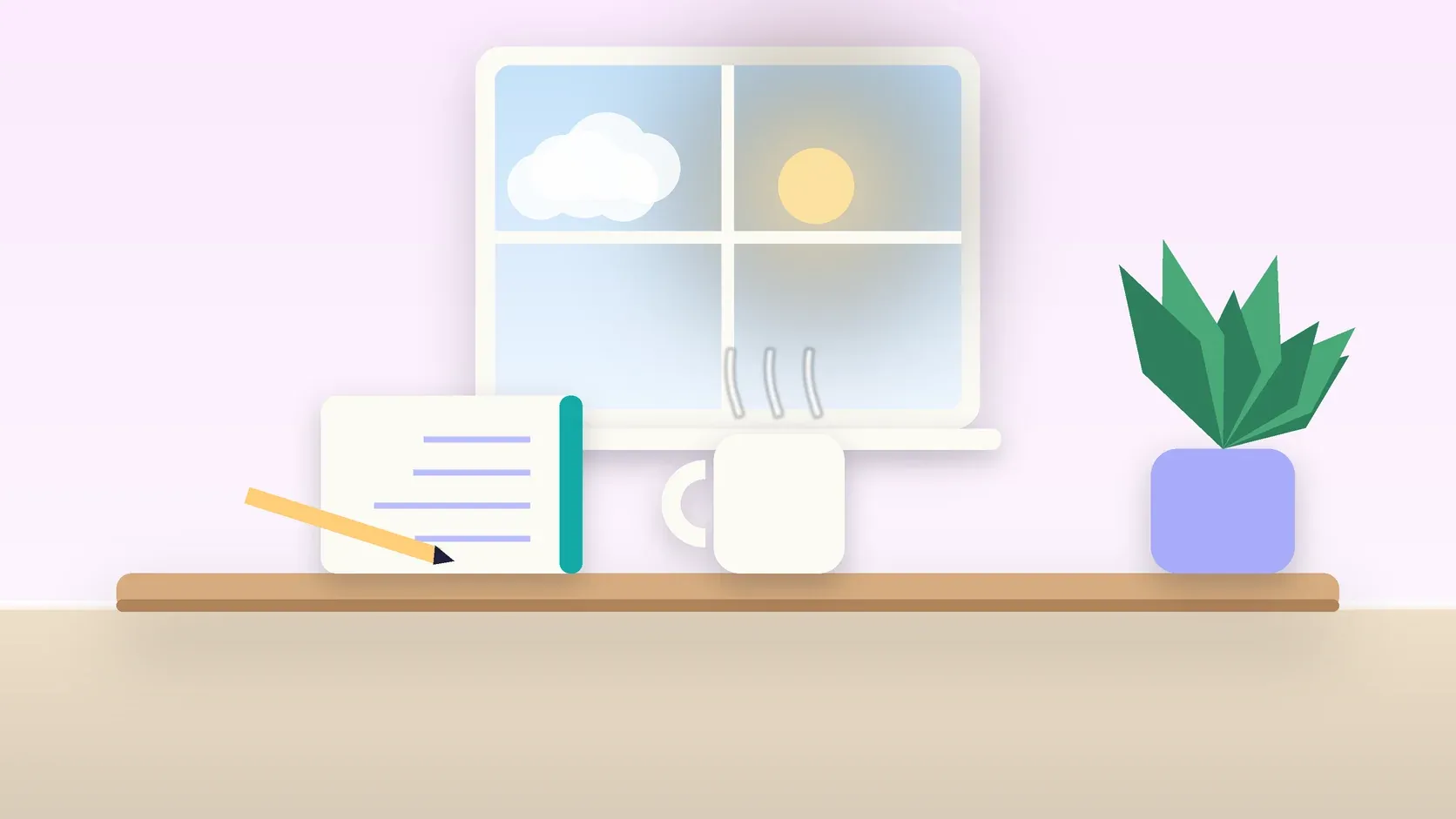 Illustration of a sunlit window above a desk with a large plant, a mug and a journal