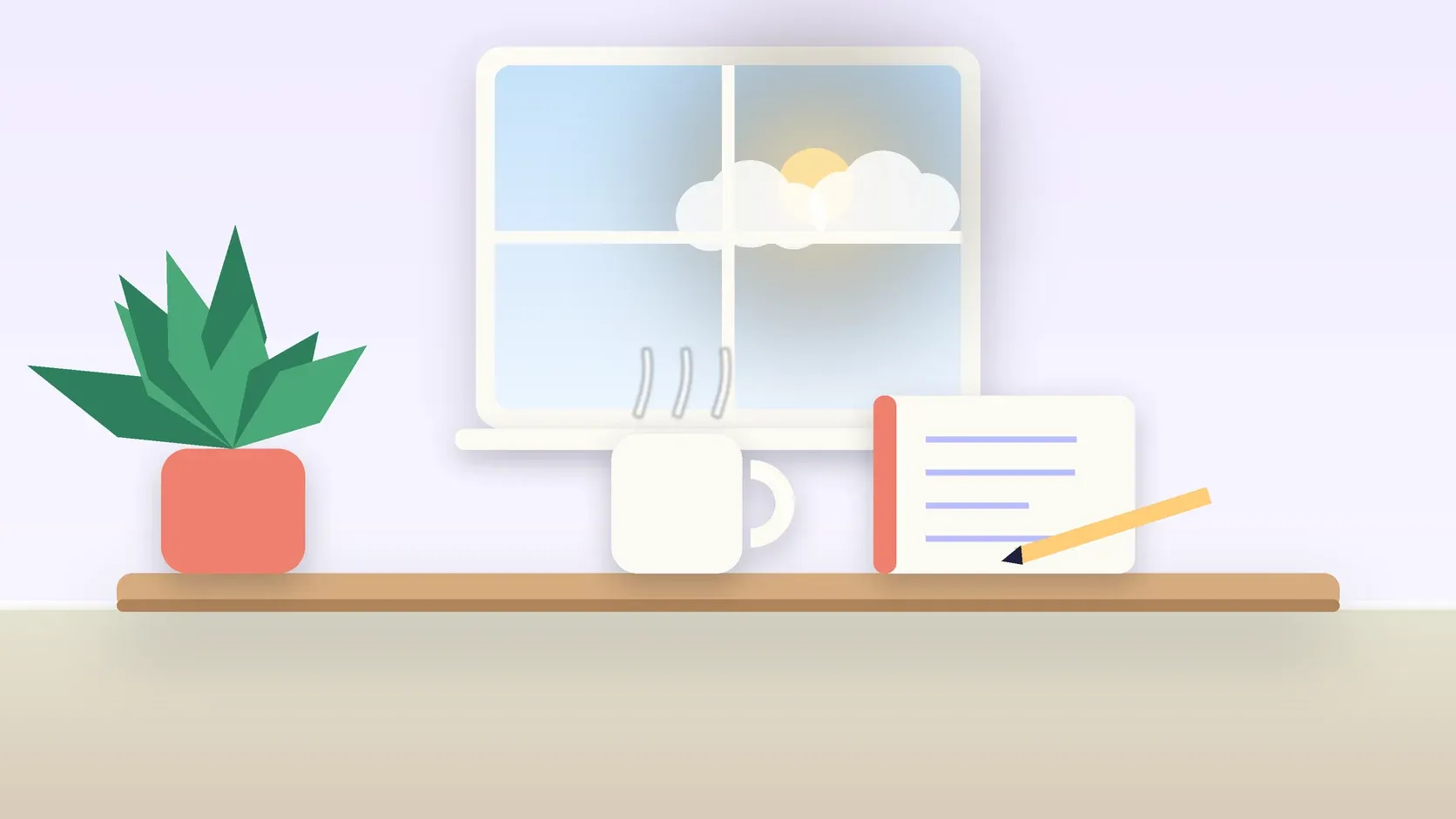 Illustration of a sunlit window above a desk with a large plant, a mug and a journal
