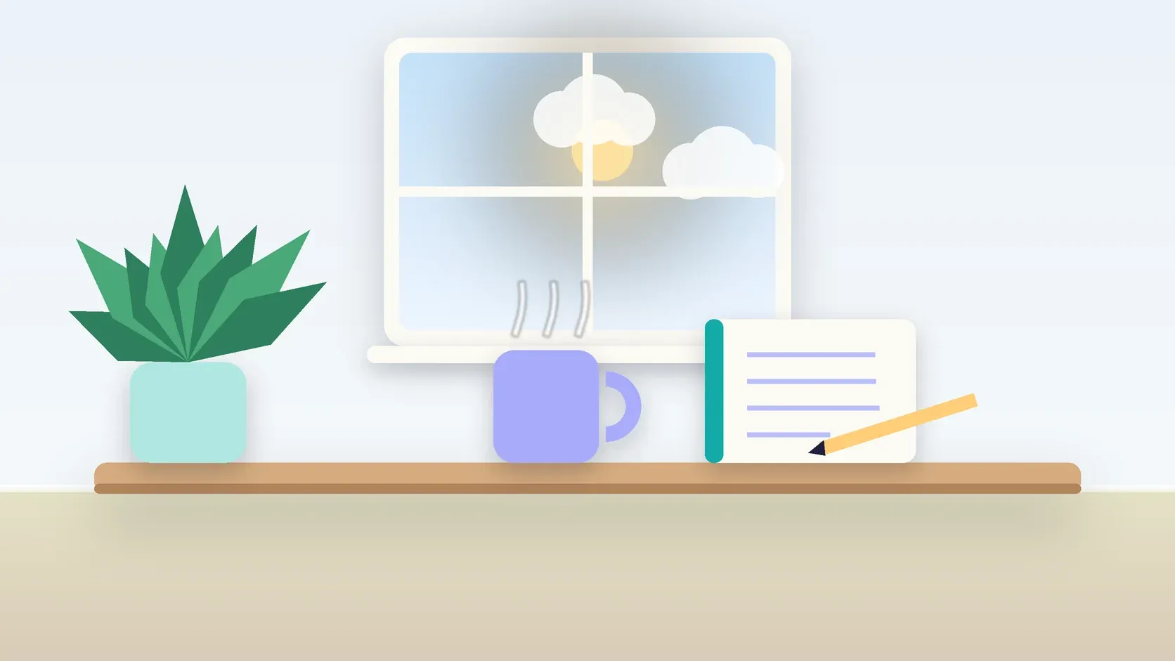 Illustration of a sunlit window above a desk with a large plant, a mug and a journal