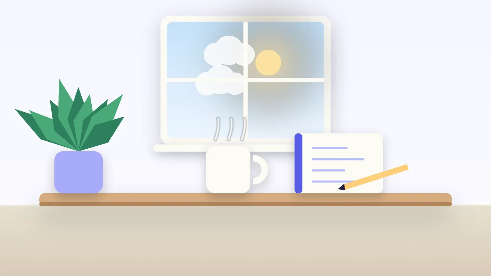 Illustration of a sunlit window above a desk with a large plant, a mug and a journal