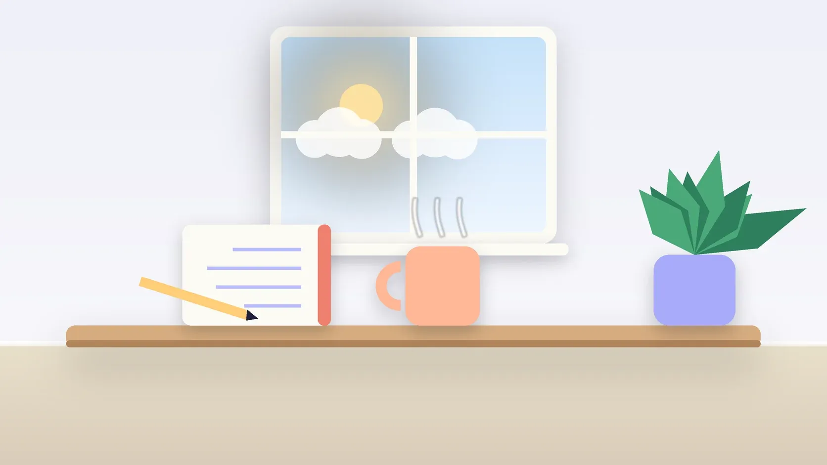 Illustration of a sunlit window above a desk with a large plant, a mug and a journal