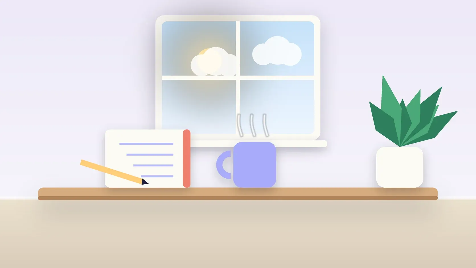 Illustration of a sunlit window above a desk with a large plant, a mug and a journal