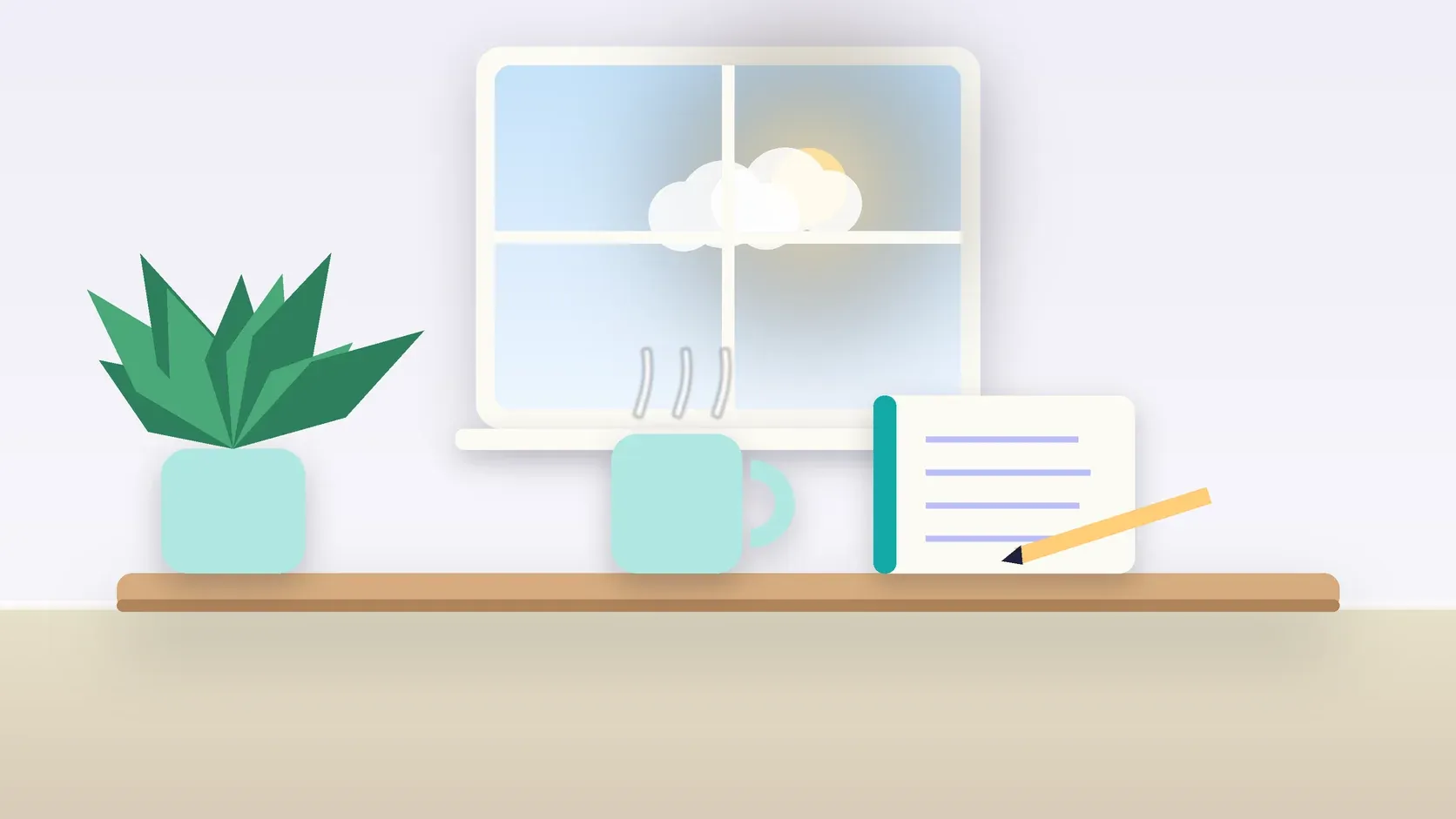 Illustration of a sunlit window above a desk with a large plant, a mug and a journal