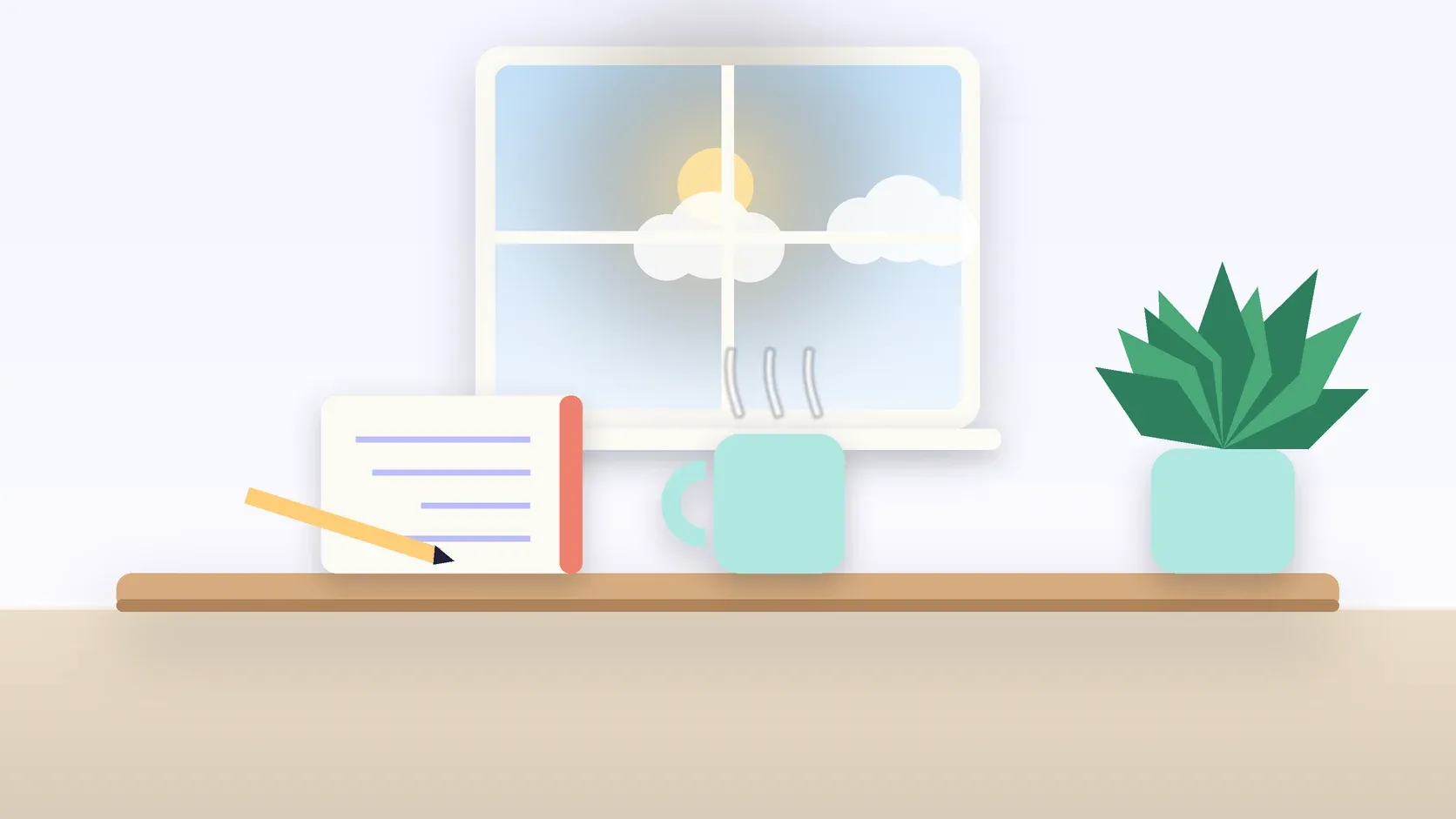 Illustration of a sunlit window above a desk with a large plant, a mug and a journal