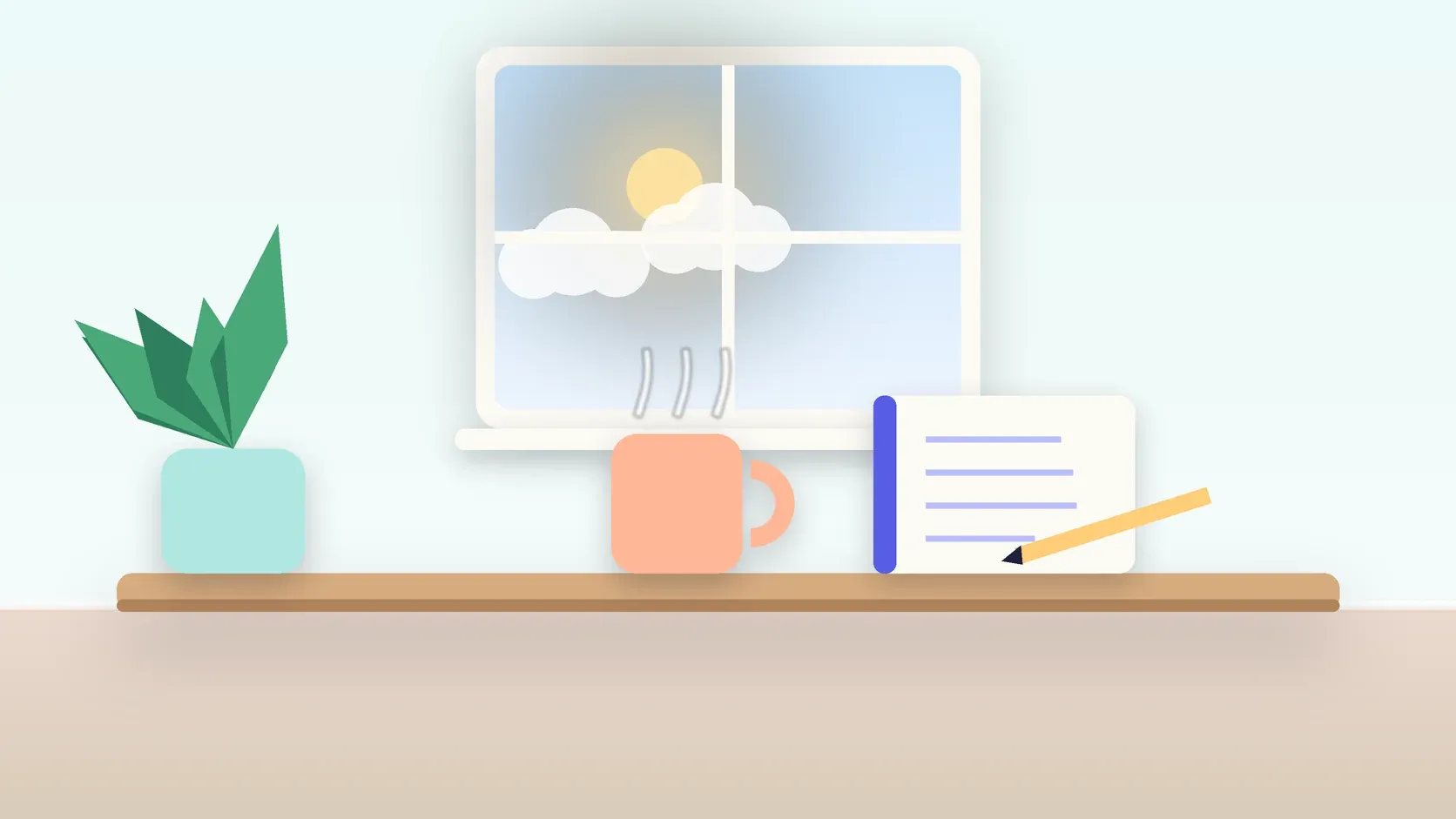 Illustration of a sunlit window above a desk with a large plant, a mug and a journal