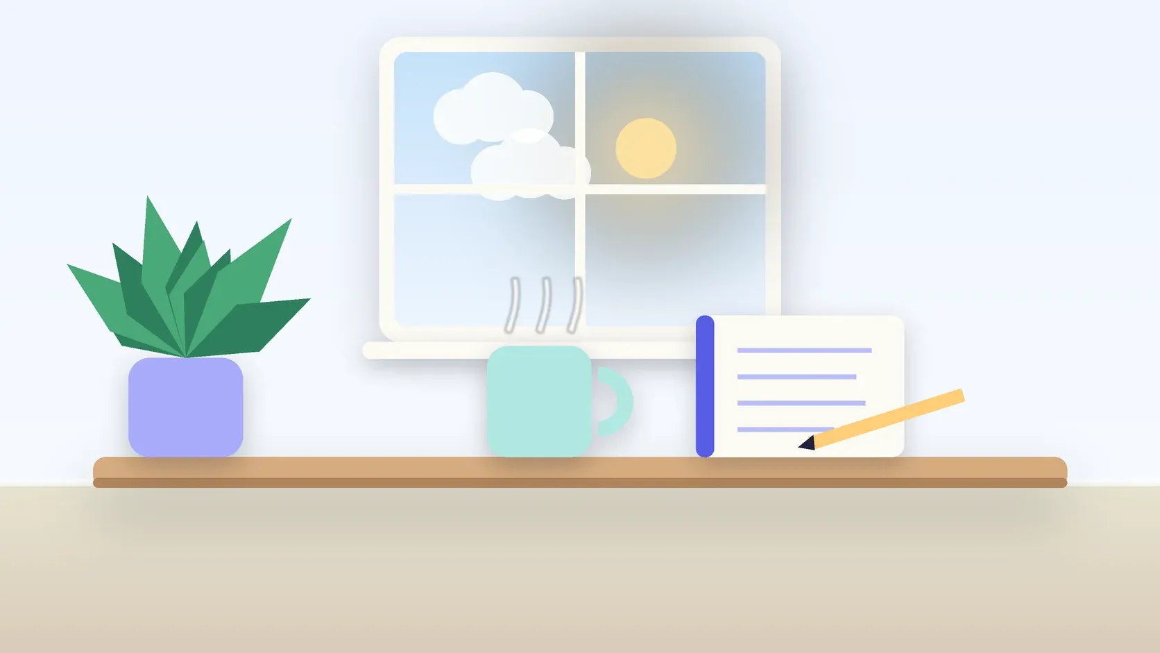 Illustration of a sunlit window above a desk with a large plant, a mug and a journal