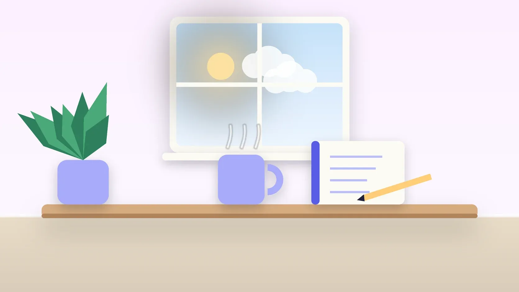 Illustration of a sunlit window above a desk with a large plant, a mug and a journal