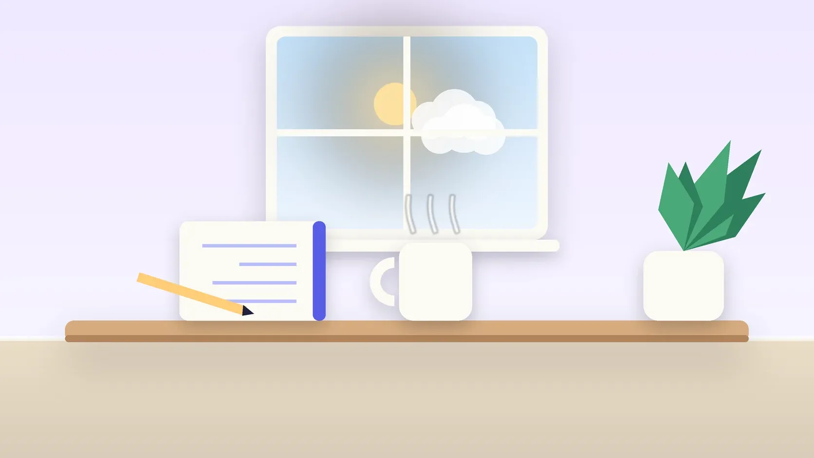 Illustration of a sunlit window above a desk with a large plant, a mug and a journal