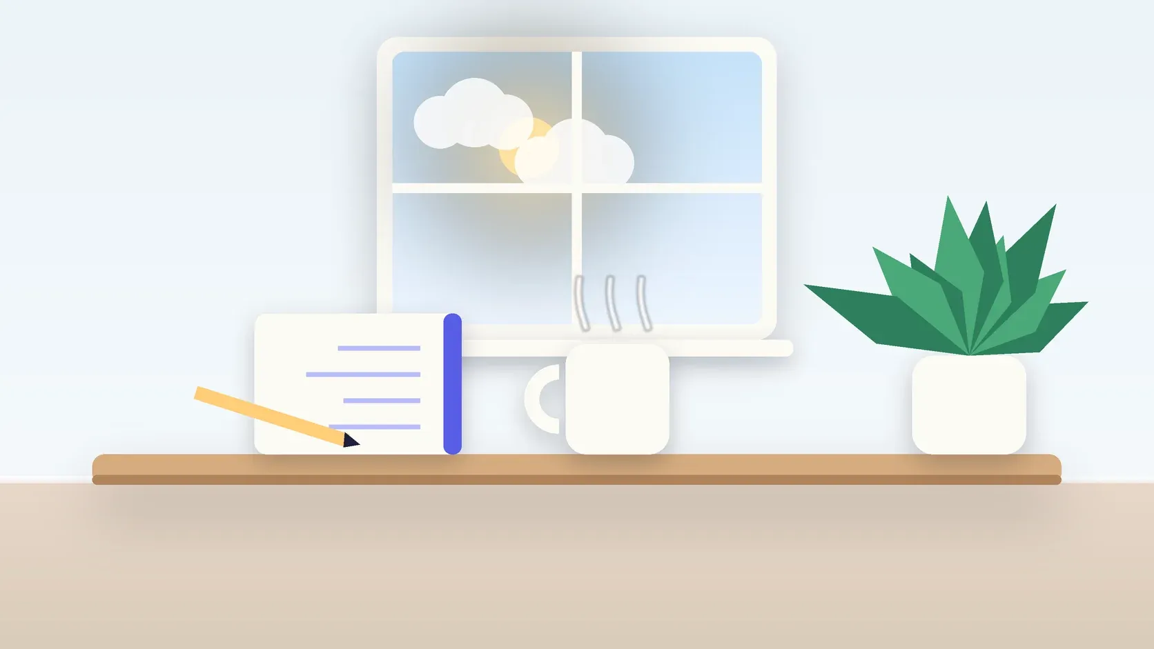 Illustration of a sunlit window above a desk with a large plant, a mug and a journal