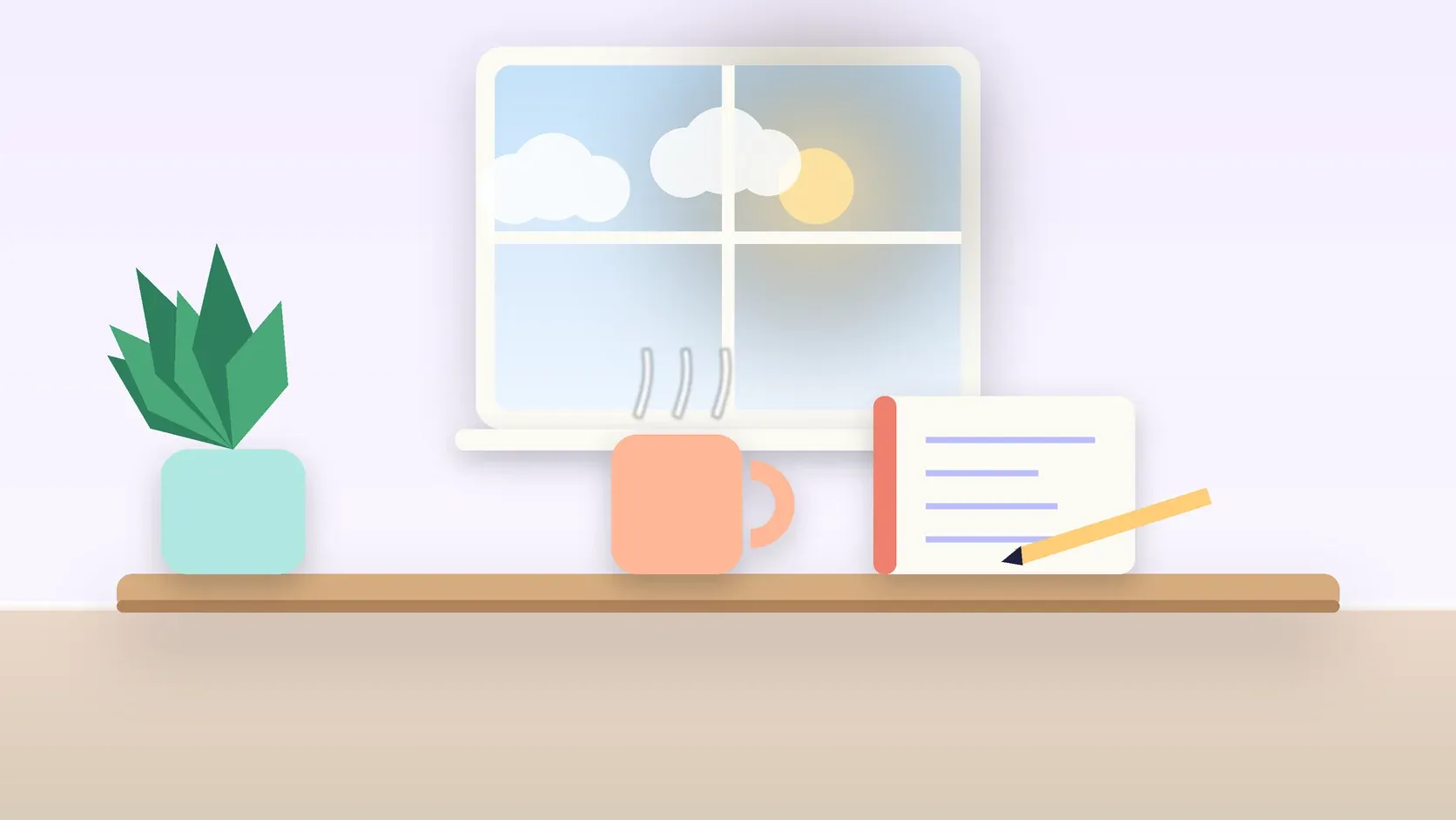 Illustration of a sunlit window above a desk with a large plant, a mug and a journal