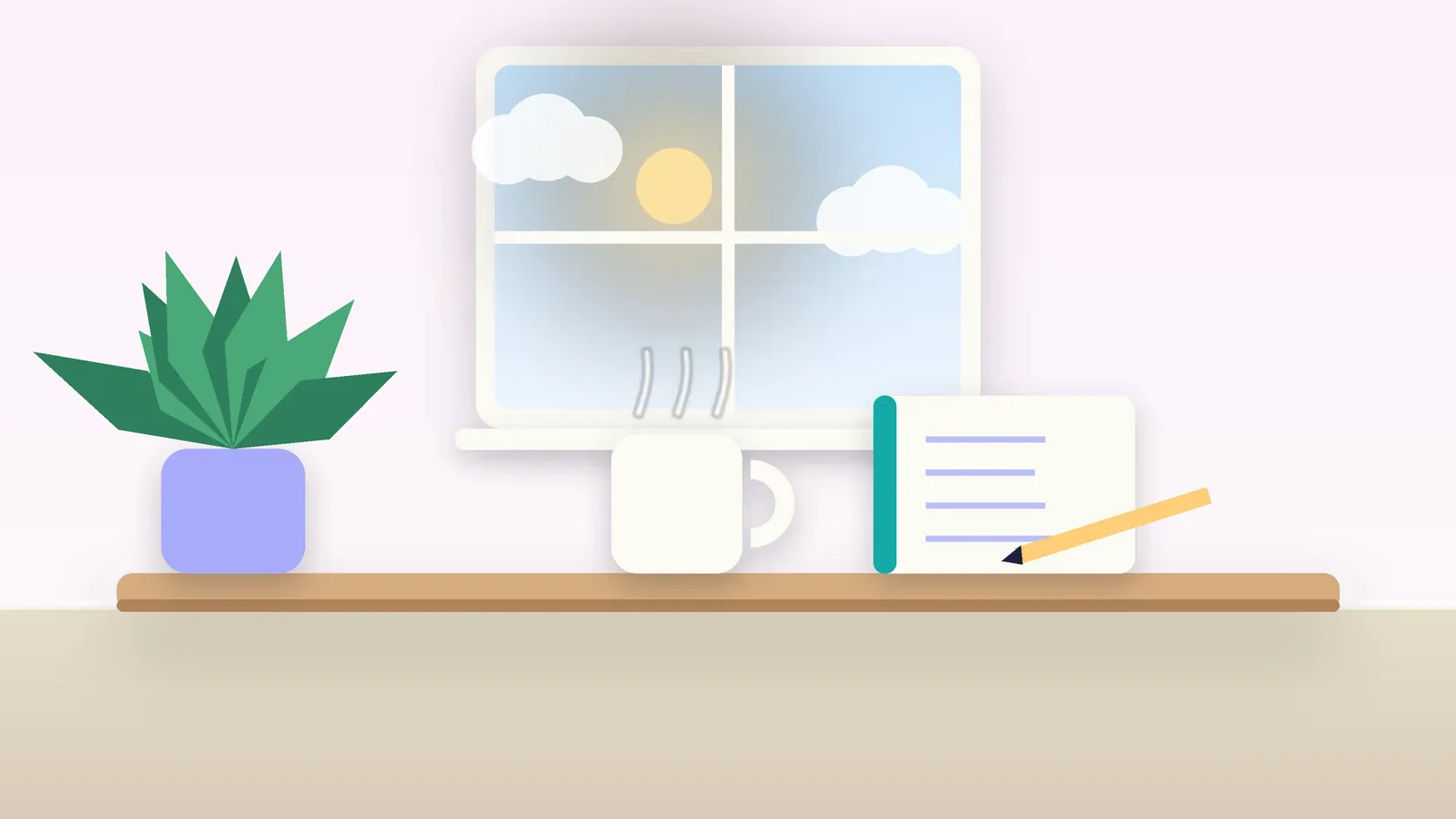 Illustration of a sunlit window above a desk with a large plant, a mug and a journal