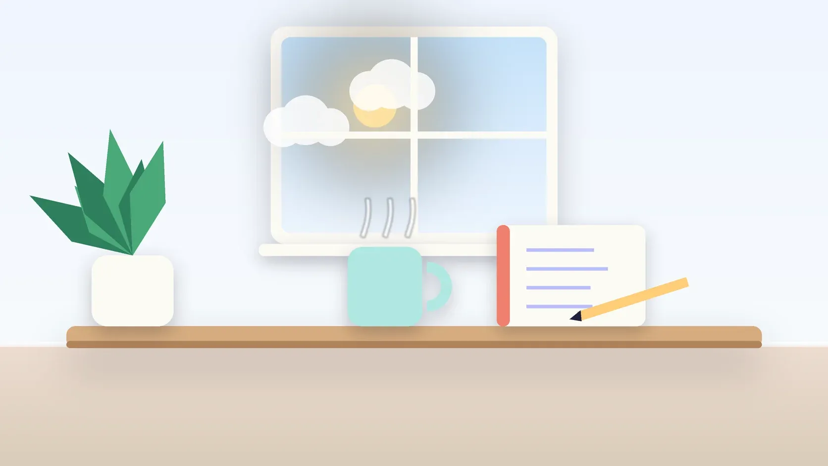 Illustration of a sunlit window above a desk with a large plant, a mug and a journal
