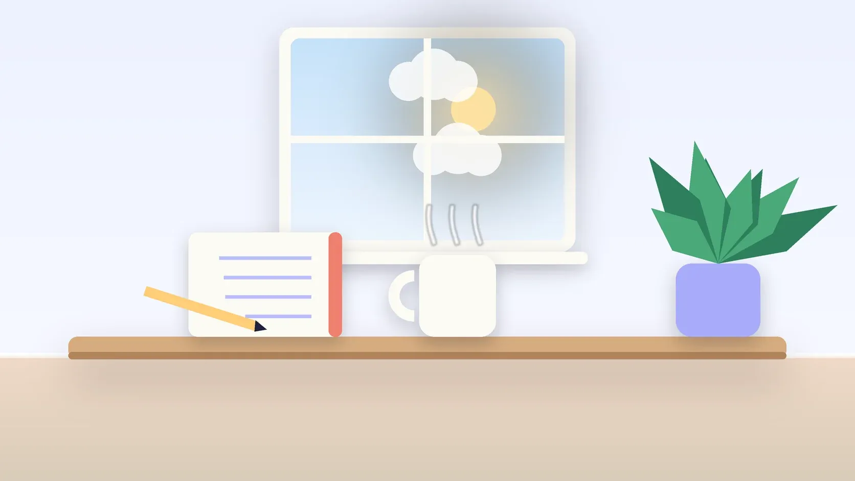 Illustration of a sunlit window above a desk with a large plant, a mug and a journal