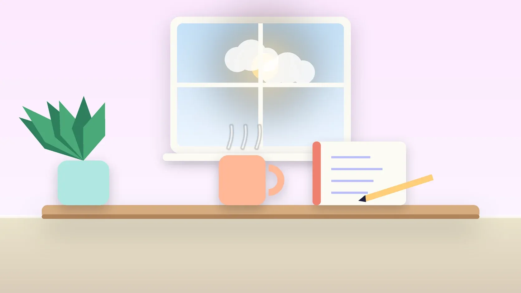 Illustration of a sunlit window above a desk with a large plant, a mug and a journal