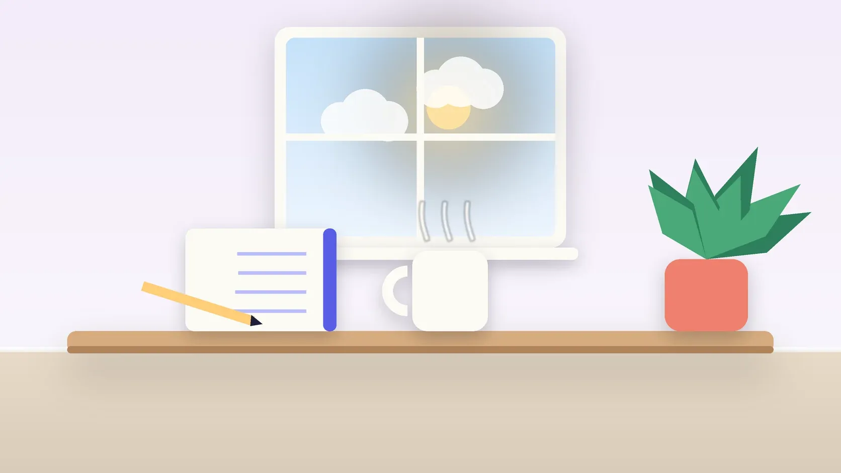 Illustration of a sunlit window above a desk with a large plant, a mug and a journal