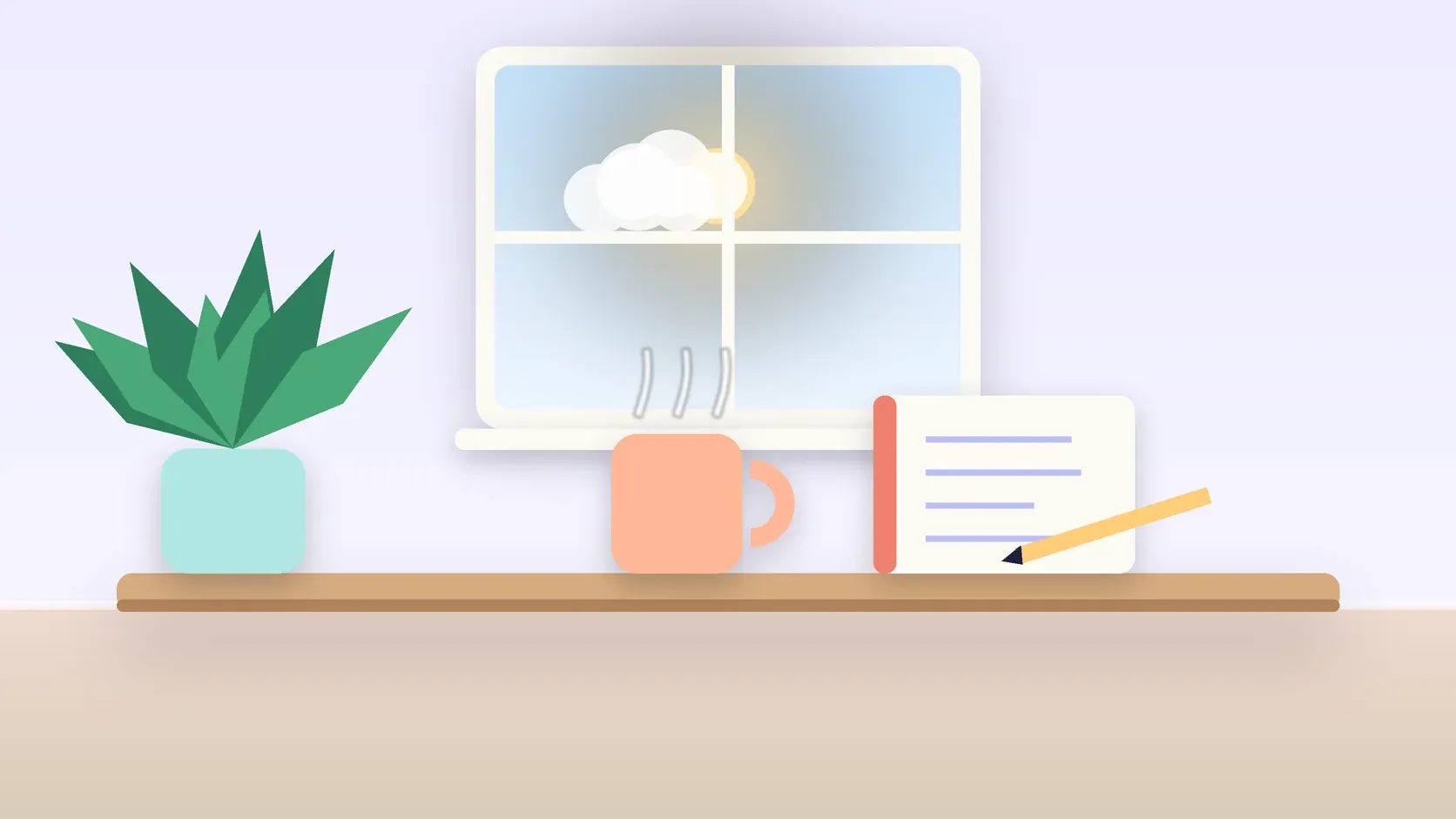Illustration of a sunlit window above a desk with a large plant, a mug and a journal