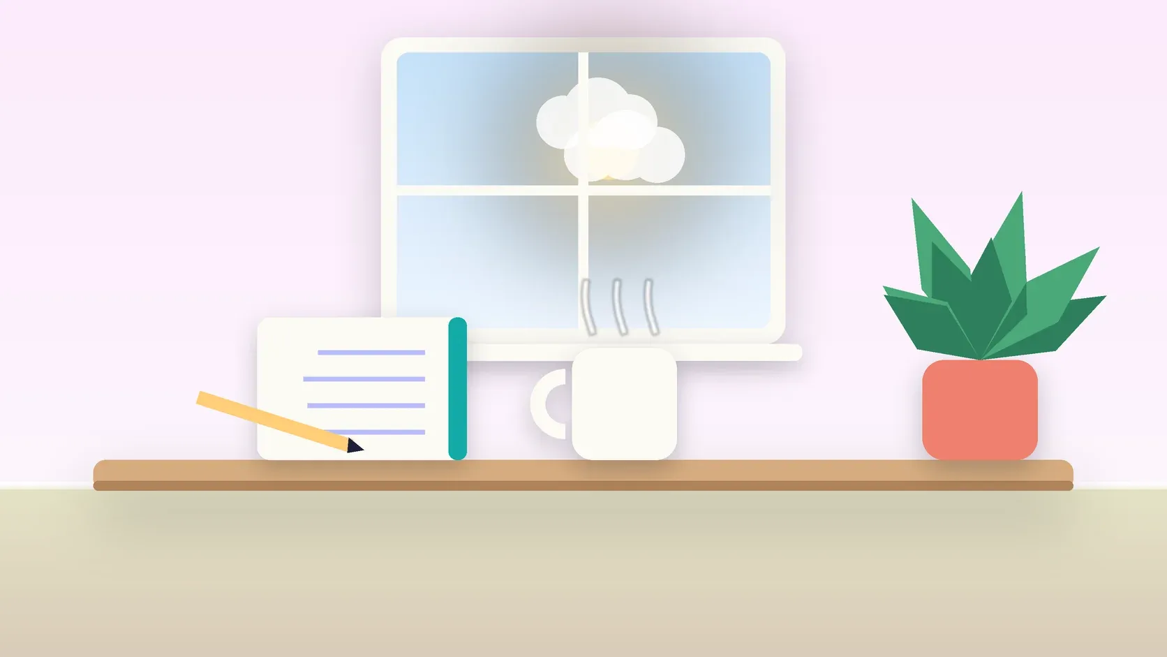 Illustration of a sunlit window above a desk with a large plant, a mug and a journal