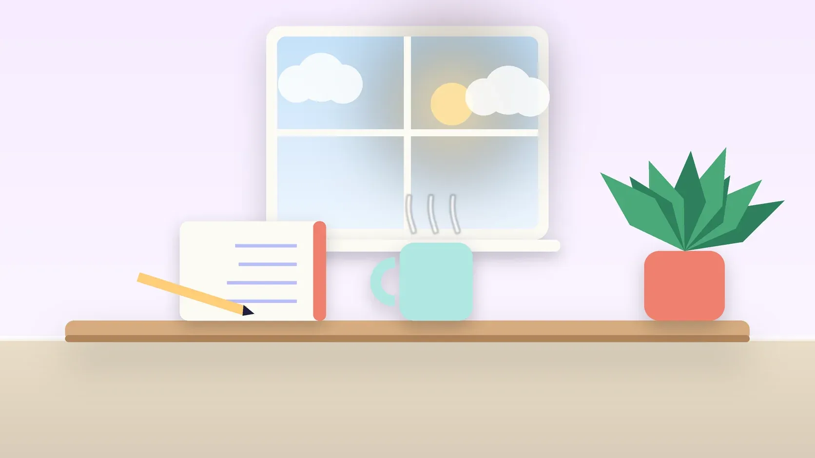 Illustration of a sunlit window above a desk with a large plant, a mug and a journal