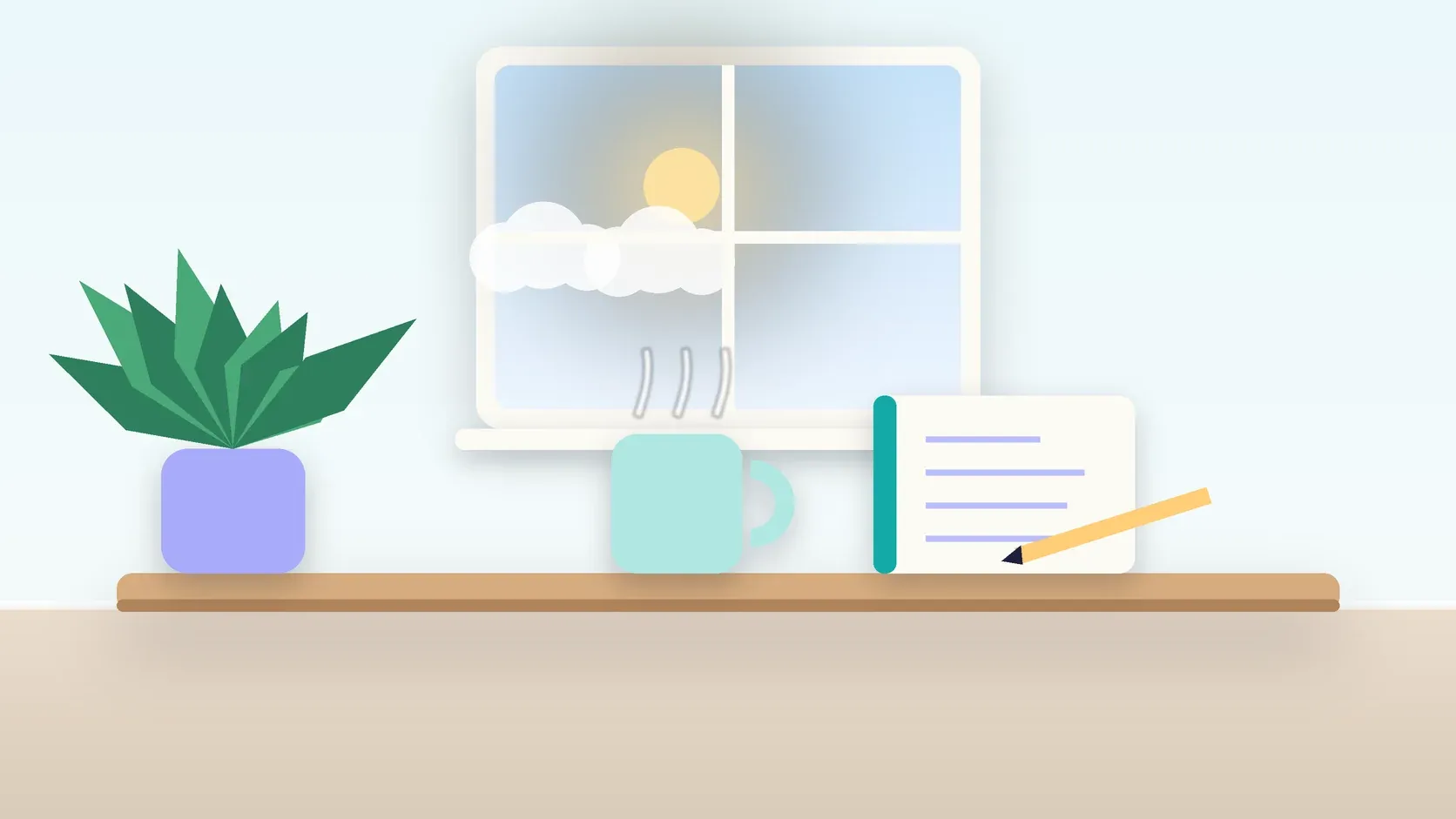 Illustration of a sunlit window above a desk with a large plant, a mug and a journal