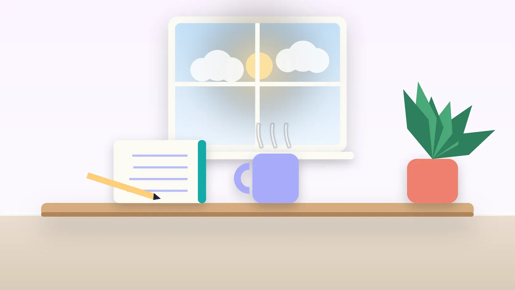 Illustration of a sunlit window above a desk with a large plant, a mug and a journal