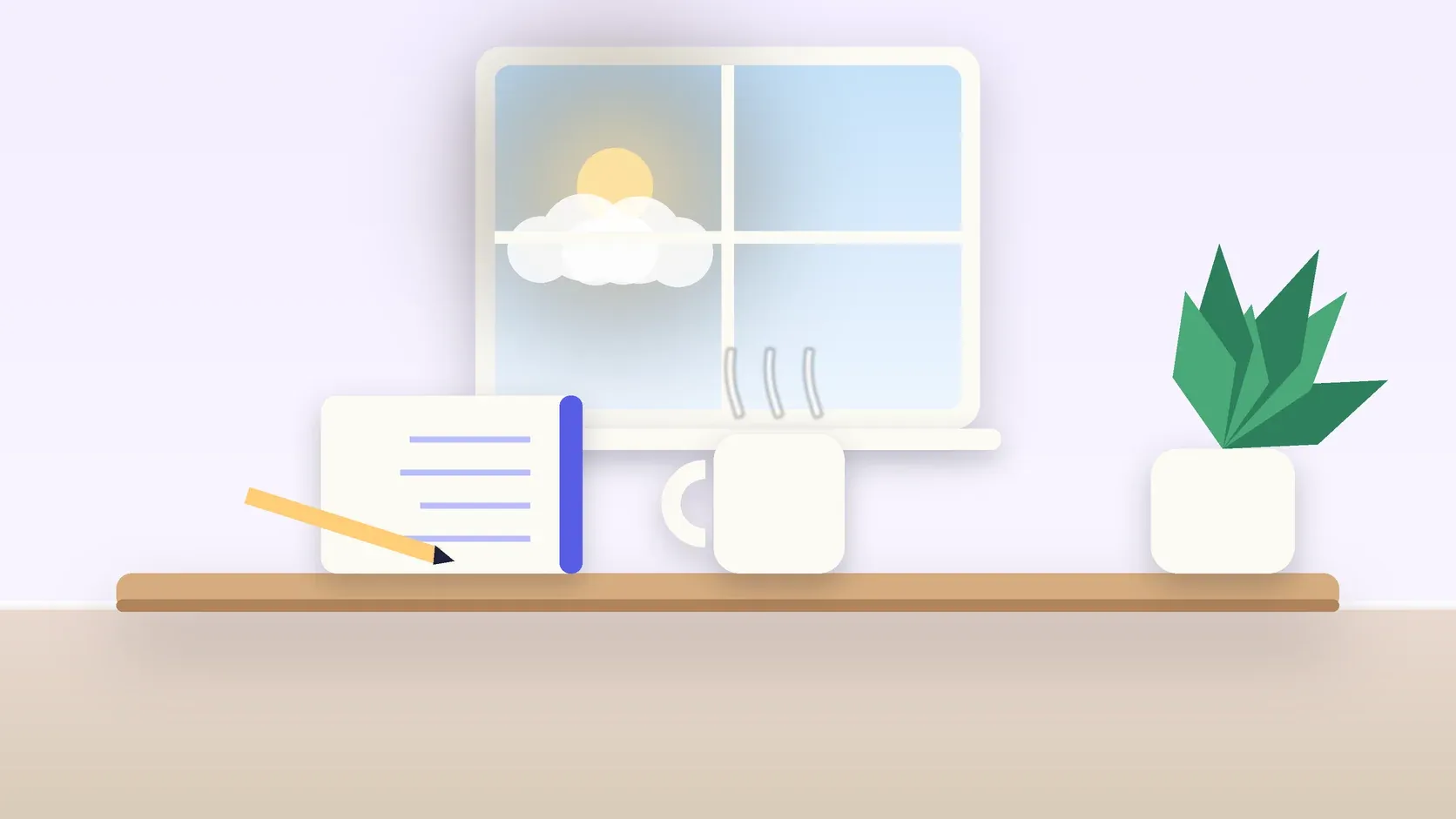 Illustration of a sunlit window above a desk with a large plant, a mug and a journal