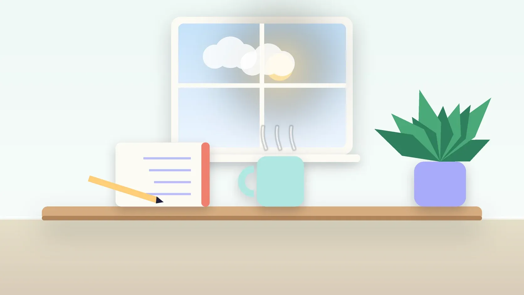 Illustration of a sunlit window above a desk with a large plant, a mug and a journal