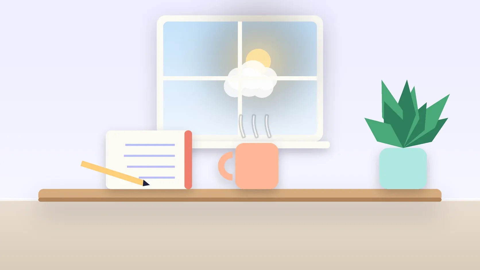 Illustration of a sunlit window above a desk with a large plant, a mug and a journal