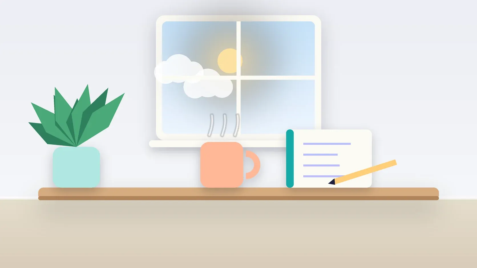 Illustration of a sunlit window above a desk with a large plant, a mug and a journal
