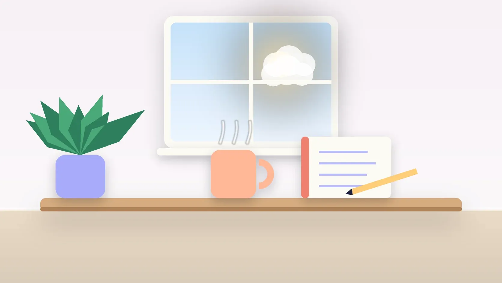 Illustration of a sunlit window above a desk with a large plant, a mug and a journal