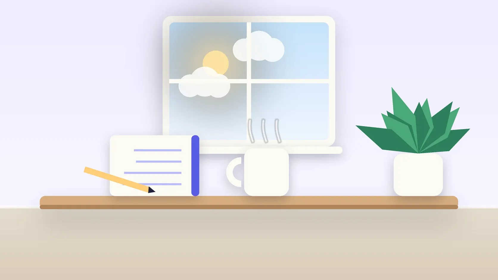 Illustration of a sunlit window above a desk with a large plant, a mug and a journal