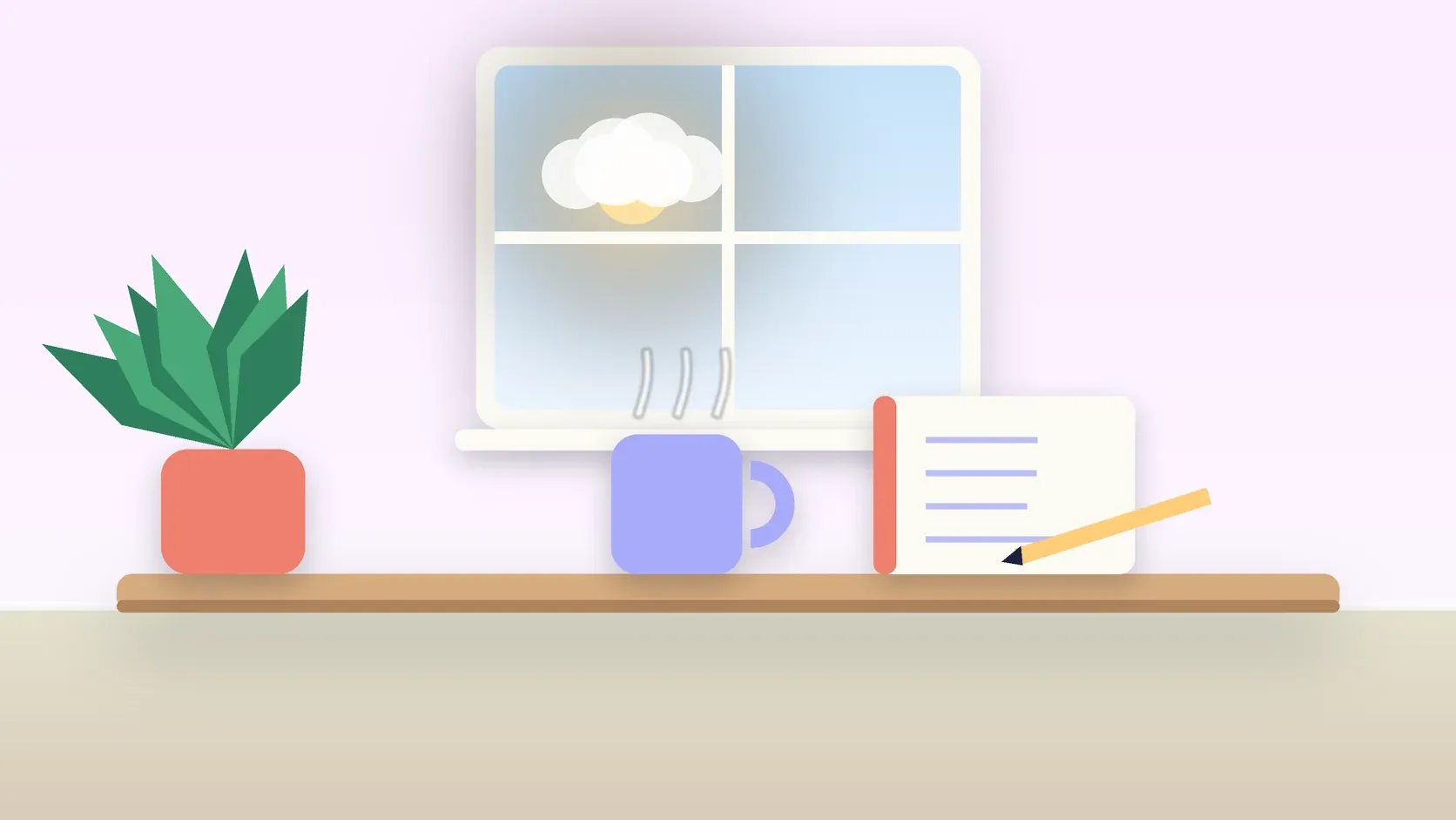 Illustration of a sunlit window above a desk with a large plant, a mug and a journal