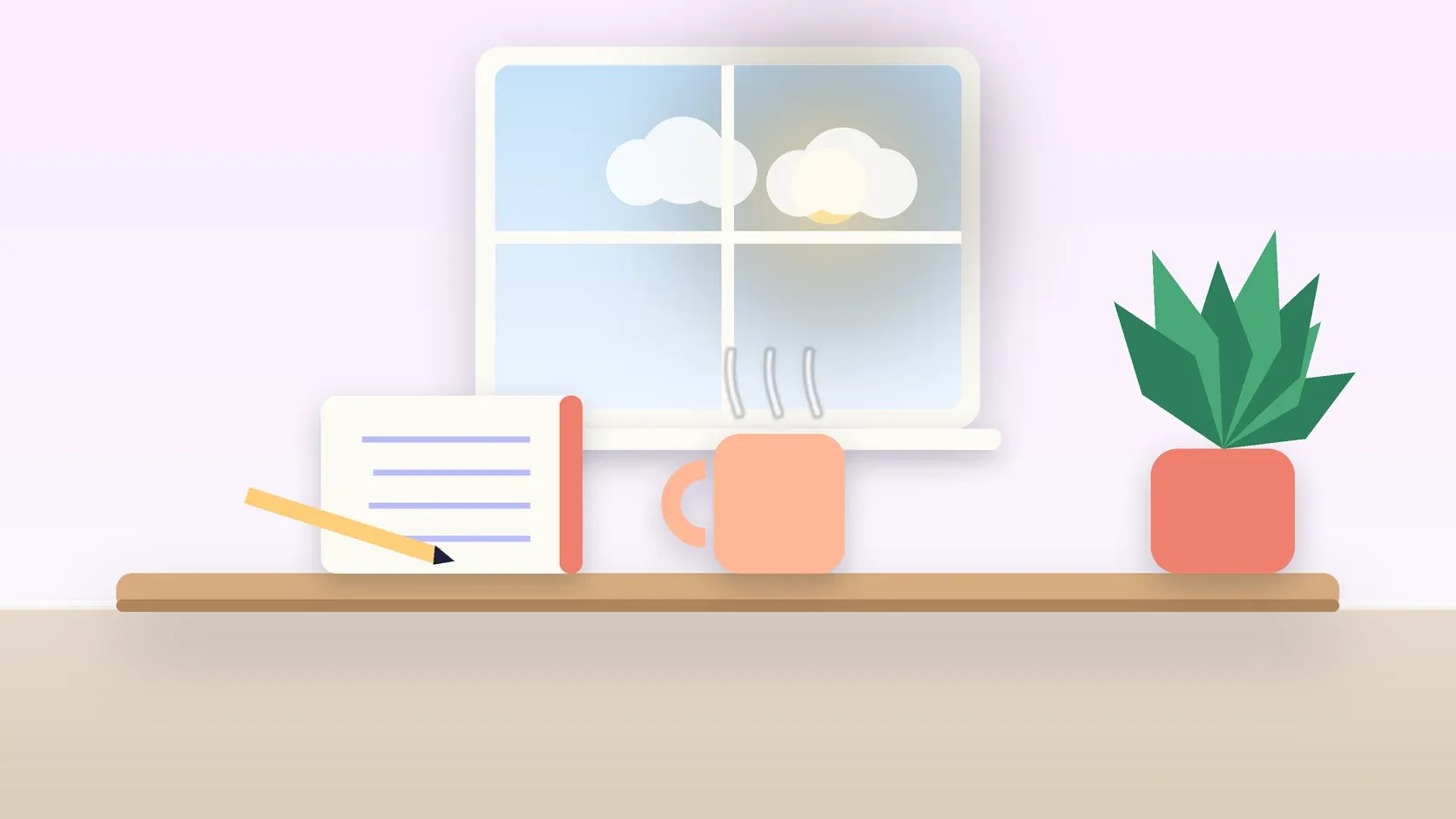 Illustration of a sunlit window above a desk with a large plant, a mug and a journal