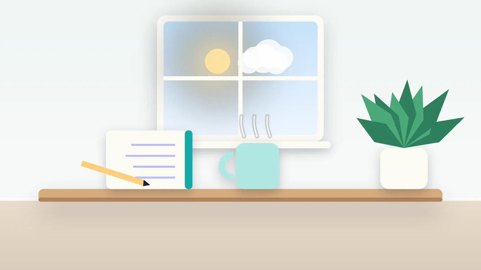 Illustration of a sunlit window above a desk with a large plant, a mug and a journal