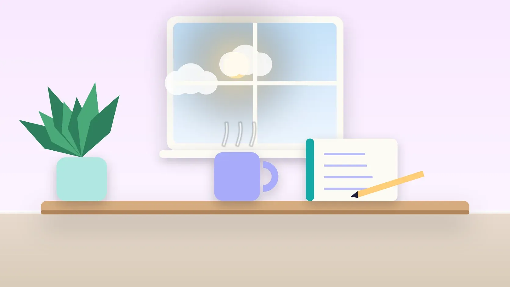 Illustration of a sunlit window above a desk with a large plant, a mug and a journal