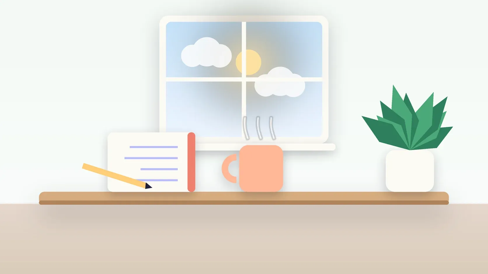 Illustration of a sunlit window above a desk with a large plant, a mug and a journal