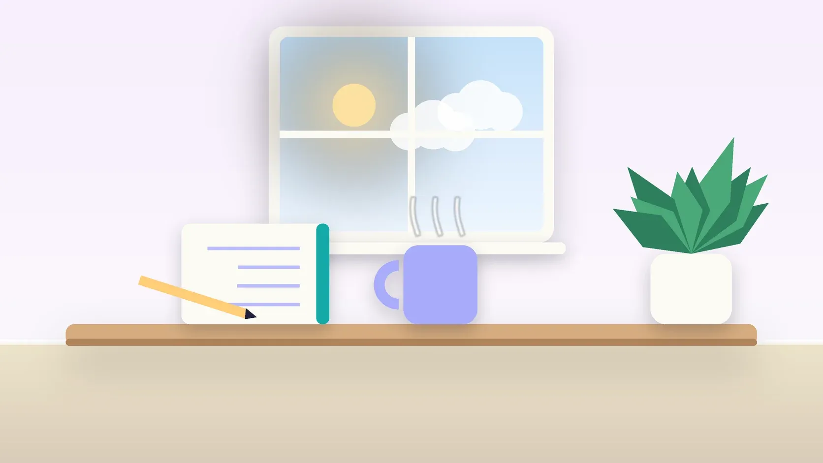 Illustration of a sunlit window above a desk with a large plant, a mug and a journal