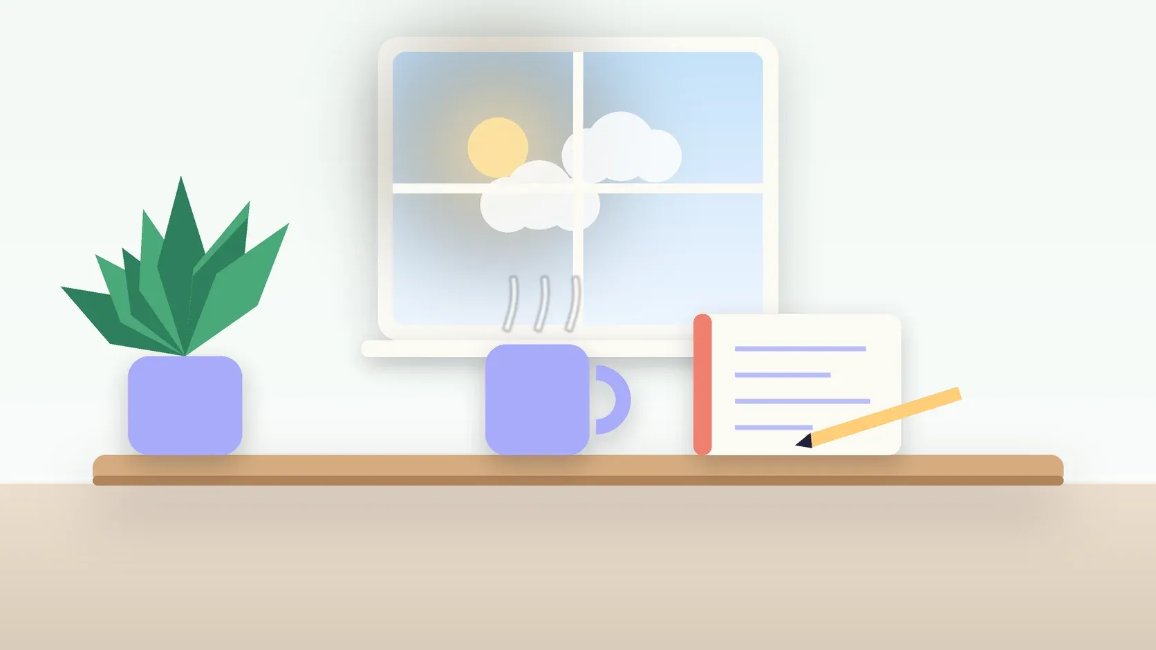Illustration of a sunlit window above a desk with a large plant, a mug and a journal