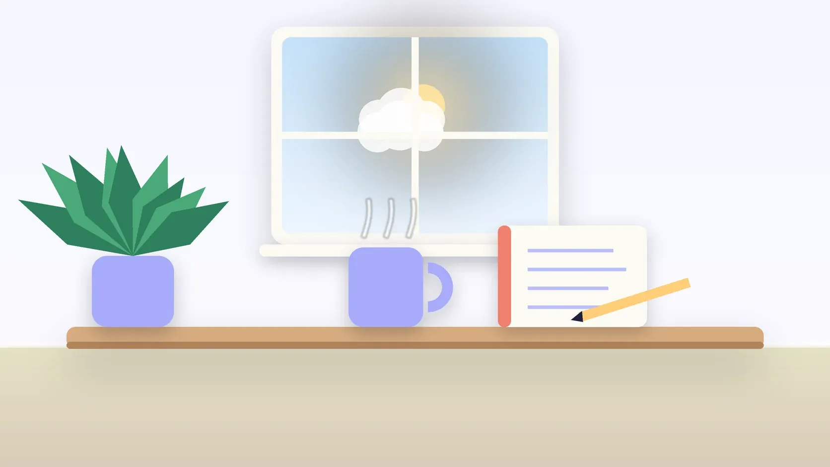 Illustration of a sunlit window above a desk with a large plant, a mug and a journal