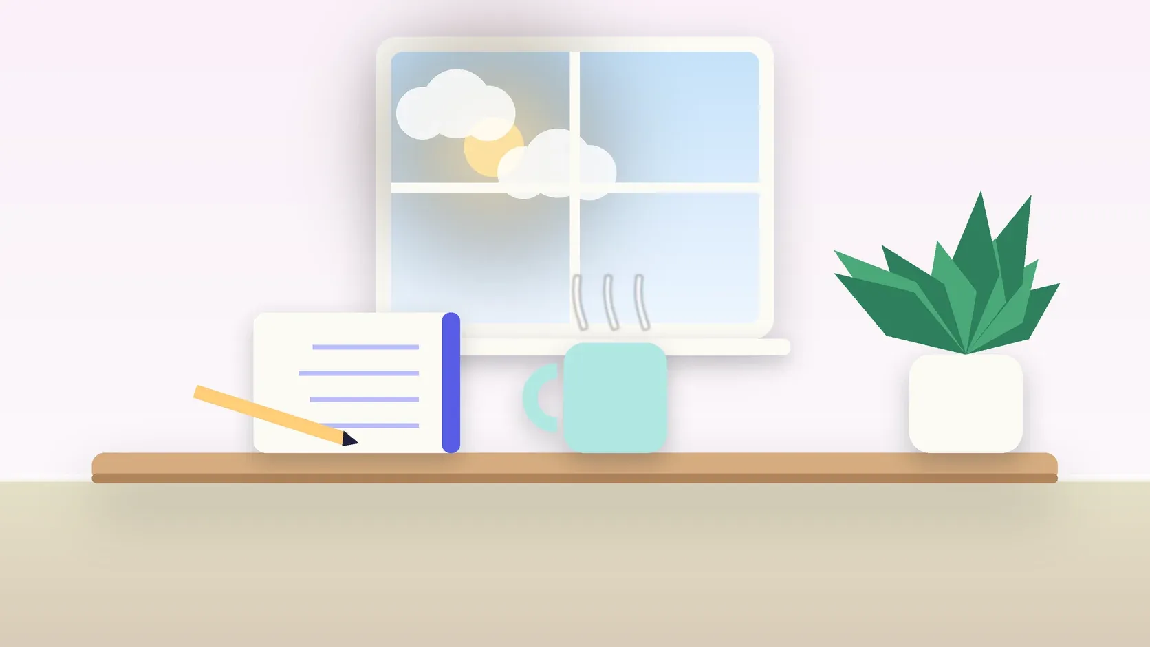 Illustration of a sunlit window above a desk with a large plant, a mug and a journal