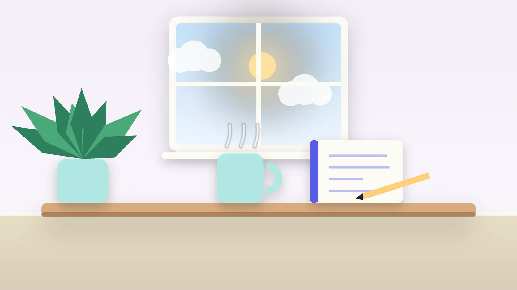 Illustration of a sunlit window above a desk with a large plant, a mug and a journal