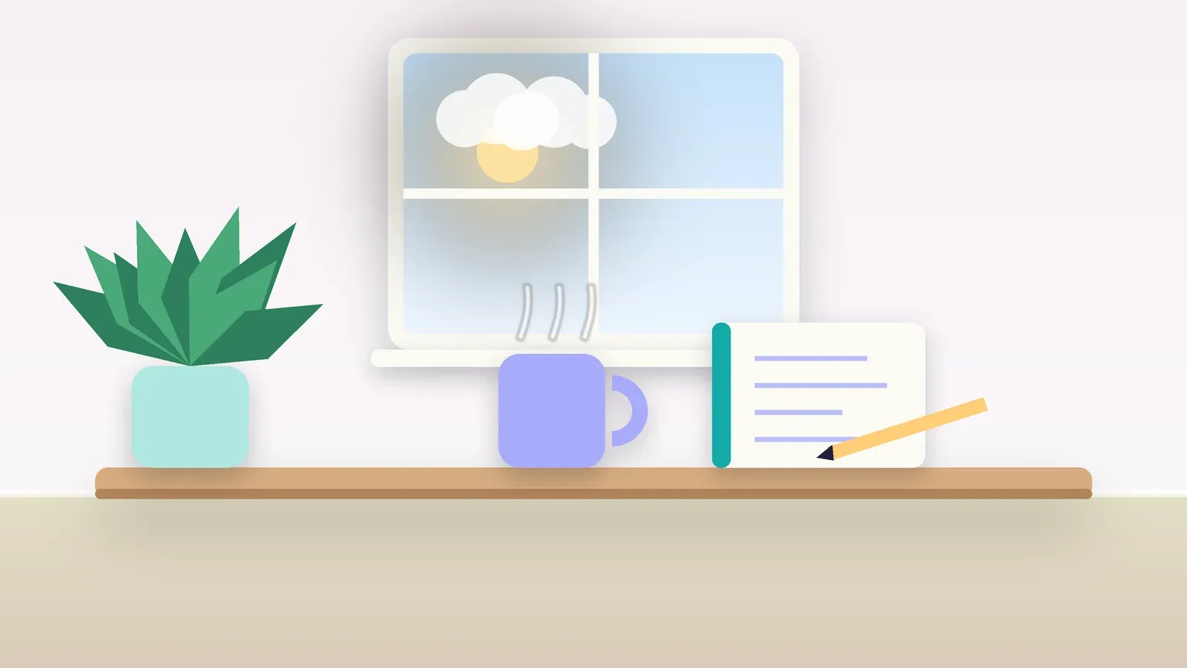 Illustration of a sunlit window above a desk with a large plant, a mug and a journal
