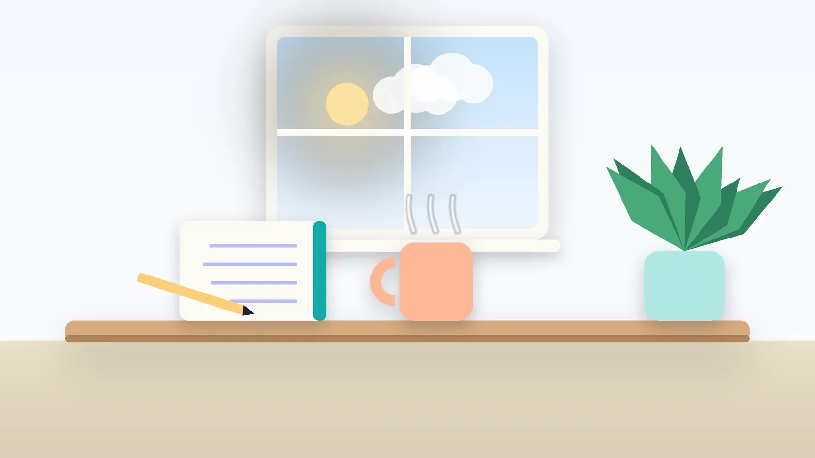 Illustration of a sunlit window above a desk with a large plant, a mug and a journal