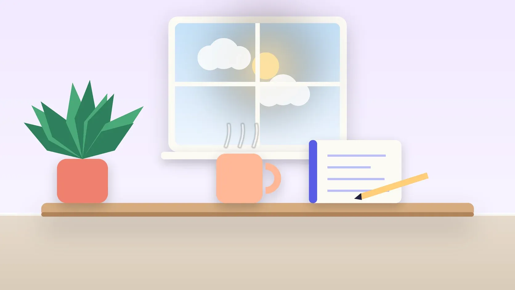 Illustration of a sunlit window above a desk with a large plant, a mug and a journal