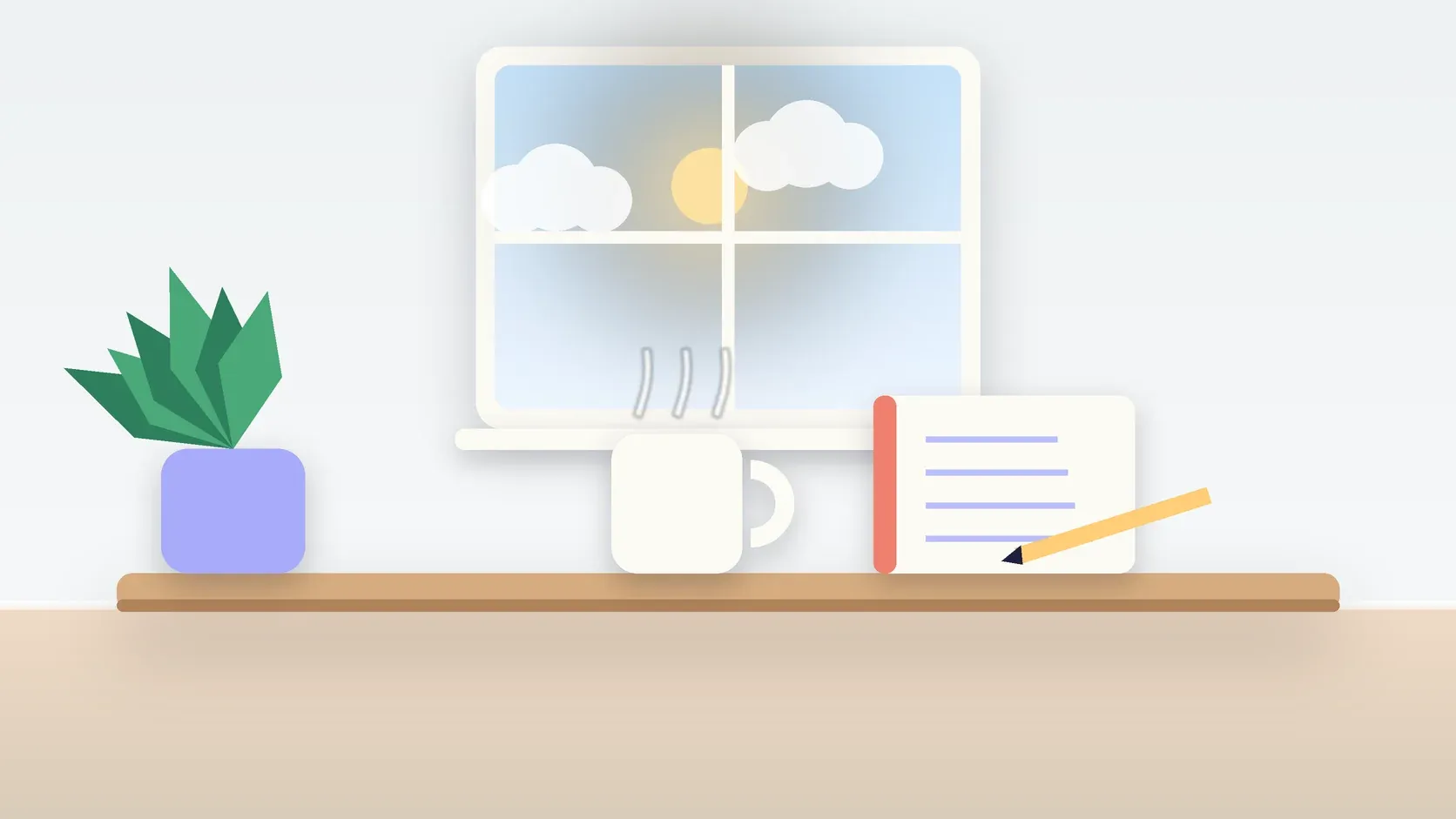 Illustration of a sunlit window above a desk with a large plant, a mug and a journal