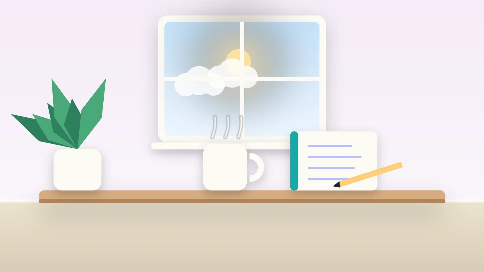 Illustration of a sunlit window above a desk with a large plant, a mug and a journal